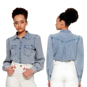Dex Acid Wash Puff Sleeve Button Up Vintage Style Size Small